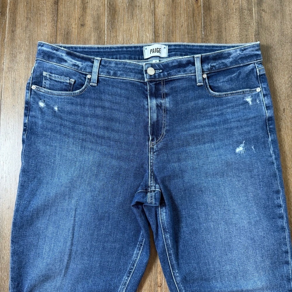 PAIGE Bridget Jeans Mid Rise Blue Torn ripped Knee - Picture 11 of 11